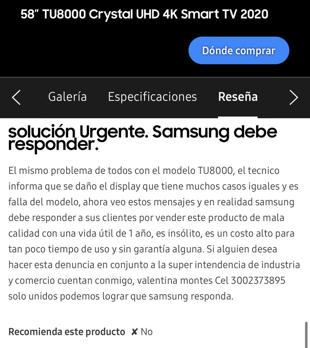 santamartain's tweet photo. Tv samsung TU8000 solo dura 1 año,  se apaga y no funciona más. Miles de quejas y @SamsungCO no responde por el daño. Un daño de fabrica y aun siguen vendiendo este televisor. @TalCualOficial @sicsuper seria bueno revisar las múltiples quejas en la pagina oficial de esta empresa. https://t.co/47Fv8V0Och