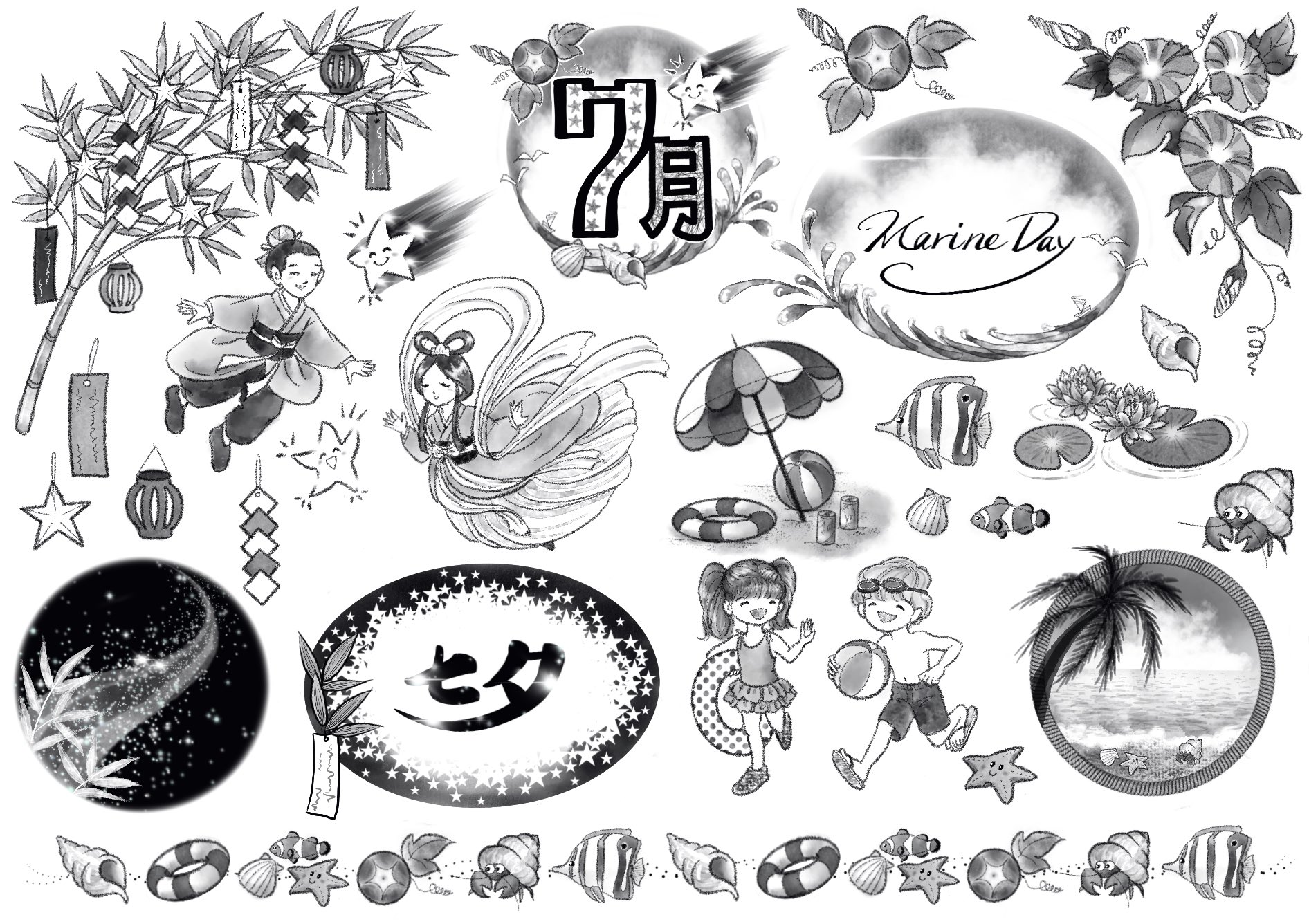 薫紫亭 ７月のイラストセット モノクロの方が出来上がりました これからイラストacにアップします 今年の七夕は晴れるといいなあ Nftの方ものぞいていただけると嬉しいです Adam By Gmo T Co Itlxrlv1kj イラスト イラストac デジタル