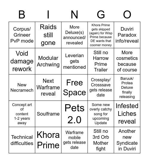 Rahetalius's tweet photo. TennoCon 2022 is a month and some change away, so I made a bingo sheet.

And now we wait. https://t.co/EmldXdNCxj