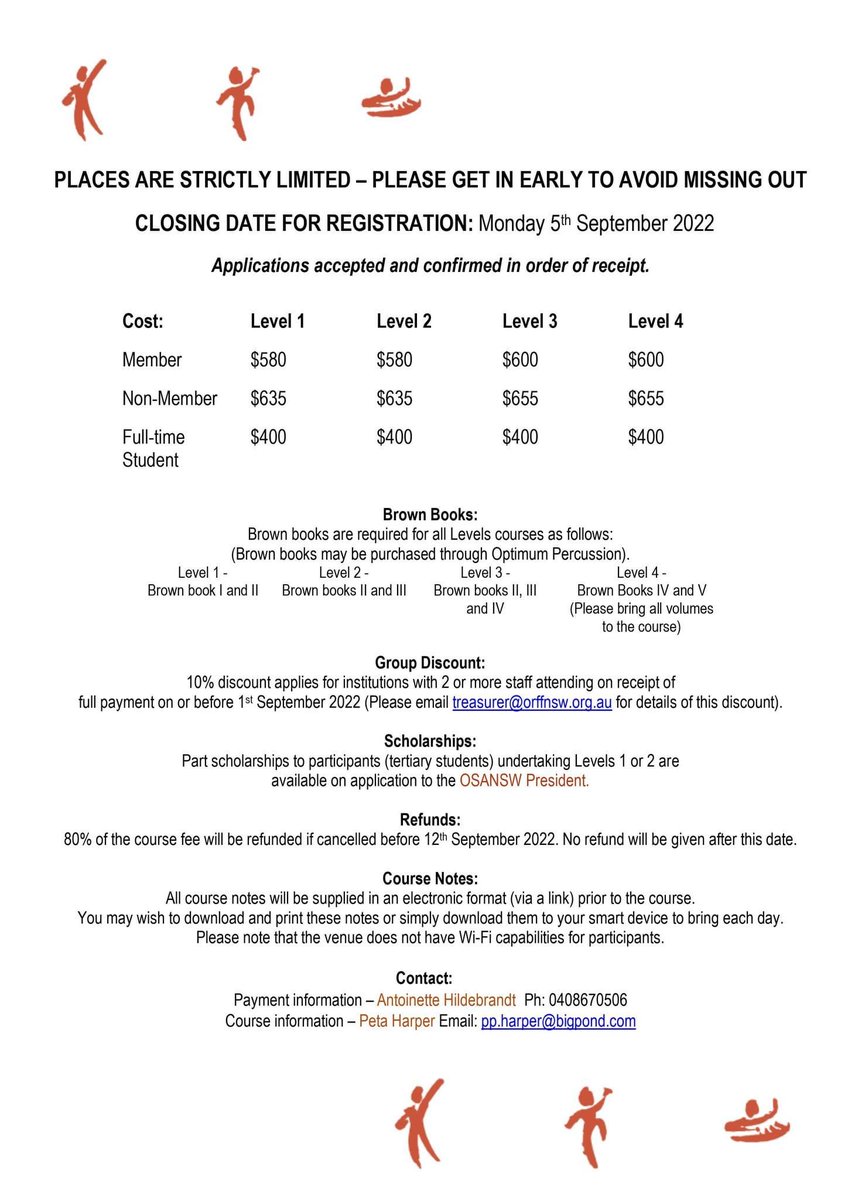 Our Orff Schulwerk Teacher Certification courses are back! We are running levels 1-4 in Sydney from Monday 26th September - Friday 30th September. 

Register here - orffnsw.org.au/courses-upcomi…

Hope to see you there! #nsworff #musicED #musiceducation #aussieED #orfflevels #ancos
