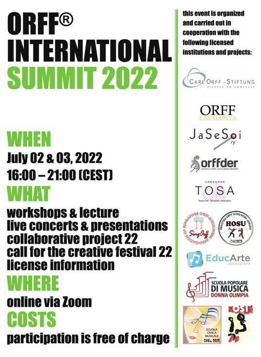 Here is an exciting FREE ONLINE event from the Carl Orff Foundation.

THE ORFF® INTERNATIONAL SUMMIT 2022

July 2 &amp; 3, 2022

Workshops, lectures, concerts, presentations &amp; more!

Register here: nx10429.your-storageshare.de/apps/forms/S5Y…

#aussieED
#orff
#CarlOrffFoundation
#MusicED