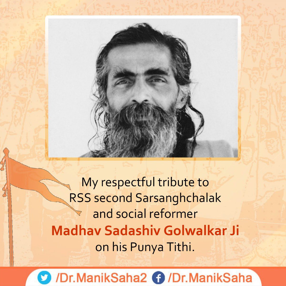 My respectful tribute to second Sarsanghchalak of <a href="/RSSorg/">RSS</a> and social reformer Madhav Sadashiv Golwalkar Ji on his Punya Tithi.