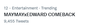 closetMWfangirl's tweet photo. 9k tweets :)

MAYMAYxEDWARD COMEBACK
#MayWard https://t.co/XnfsdcsahN