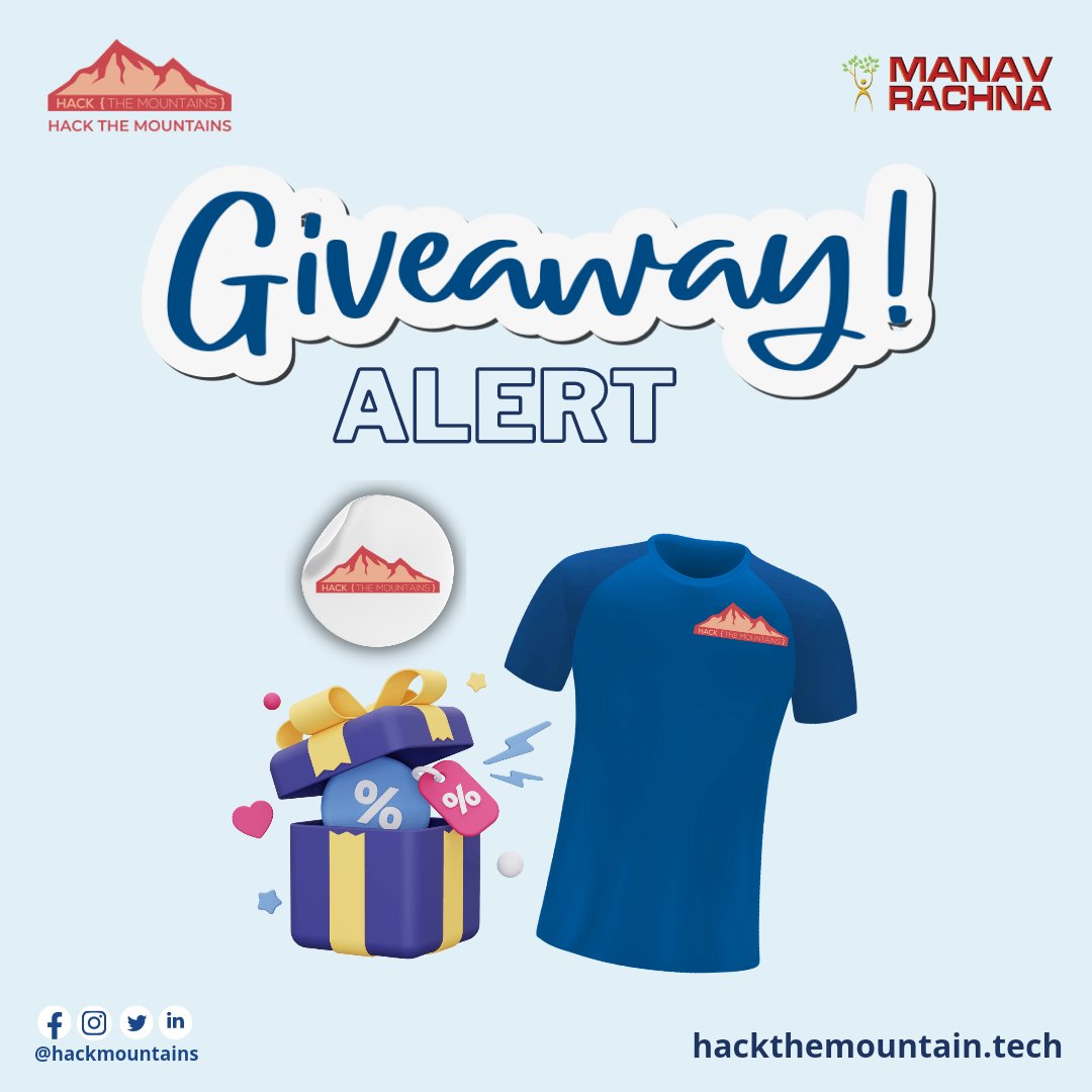 GIVEAWAY ALERT🎉🤩
All you have to do is: 
1. Follow <a href="/HackMountains/">Hack The Mountains</a>✅
2. Like &amp; Retweet✅
3. Tag 3 friends✅ 
Follow these simple steps and get a chance to win exclusive @HackTheMountains goodies🎁

#hackthemountains #HTM3 #opportunity #innovation #projects #hackathons
#mlh