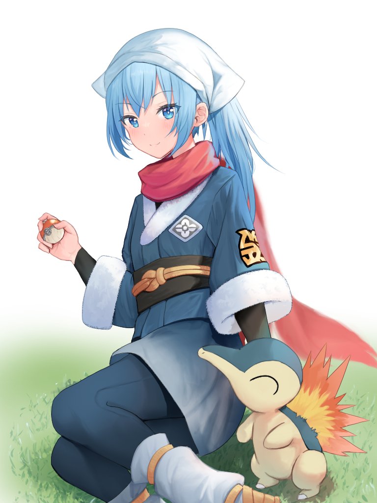 akari (pokemon) ,cyndaquil 1girl poke ball blue hair blue eyes galaxy expedition team survey corps uniform cosplay pokemon (creature)  illustration images