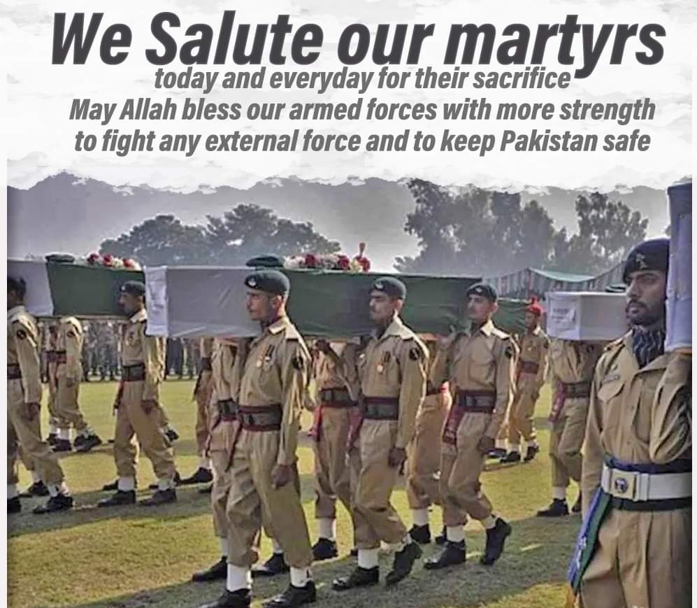 We #SaluteTheMartyrs today and everyday for thier #sacrifice. May Allah bless our armed forces with more strength to fight any external force and to keep Pakistan safe..
#پاک_فوج_اور_عوام_متحد_ہیں