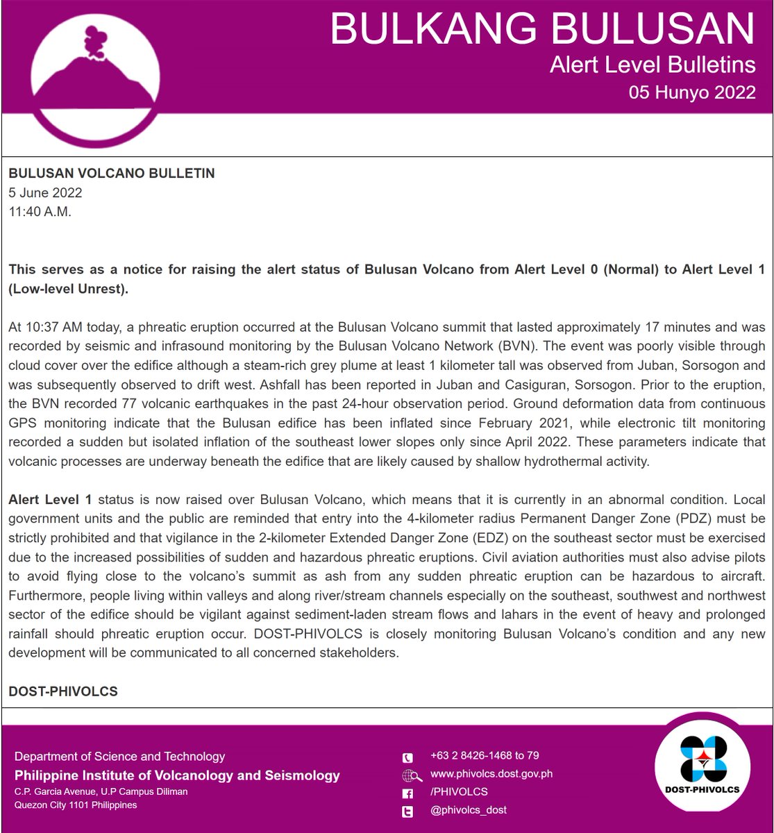phivolcs_dost's tweet photo. BULUSAN VOLCANO BULLETIN
5 June 2022
11:40 A.M. 

#BulusanVolcano

https://t.co/fpYvwkVeKI https://t.co/BqSlmPx3t1