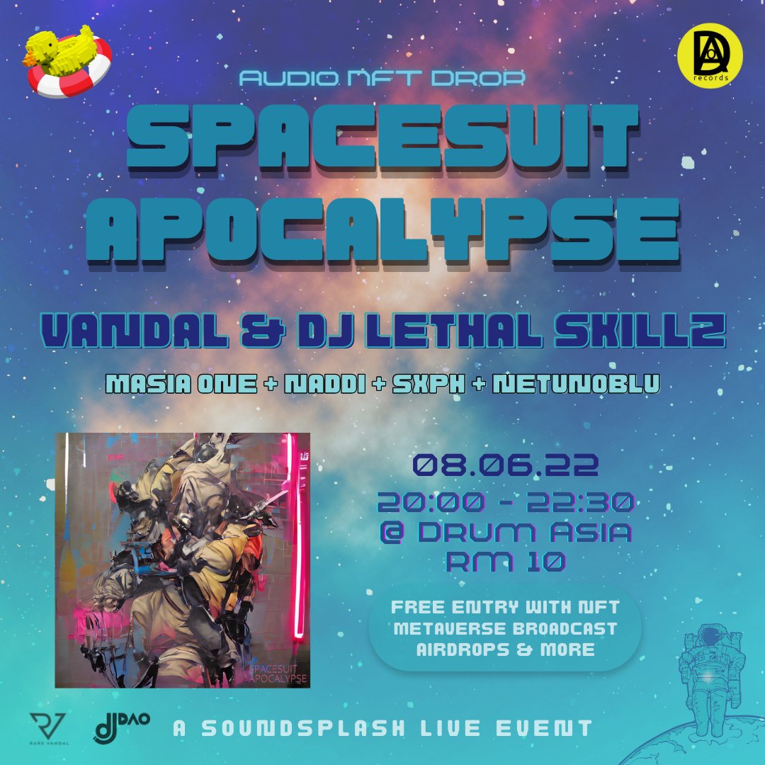 vandigital's tweet photo. We are bringing the #metaverse to #IRL this Wednesday as #SoundSplash goes LIVE in Kuala Lumpur at Drum Asia in Hartamas!

June 8th @ 8PM
RM 10 entry

Ft @netunoblu @Naddimusic @SXPH68 &amp; @masiaone 
Alongside myself and @djlethalskillz 

Support: #VanDAO &amp; @djDAO_ @DAOrecords_ https://t.co/q4jjbxZKJp