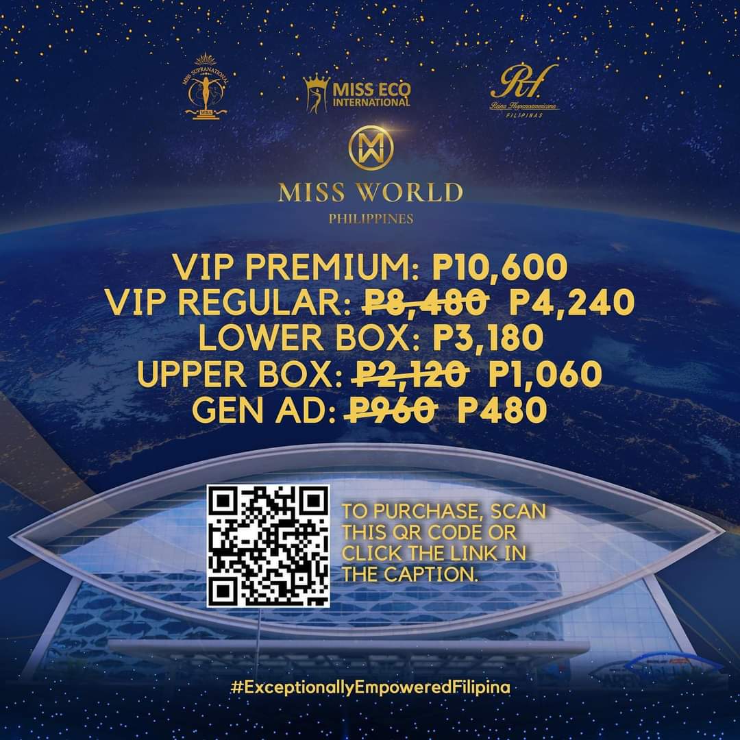 FLASH SALE!!!

Get to see 36 of the most Exceptionally Empowered Filipinas live as they flaunt their “beauty” and serve it with a “purpose” tonight, 7:00 PM at the Mall of Asia Arena. . 

#smtickets
#MWPH
#MWPH2022
#ExceptionallyEmpoweredFilipina
#MWPH2022CoronationNight