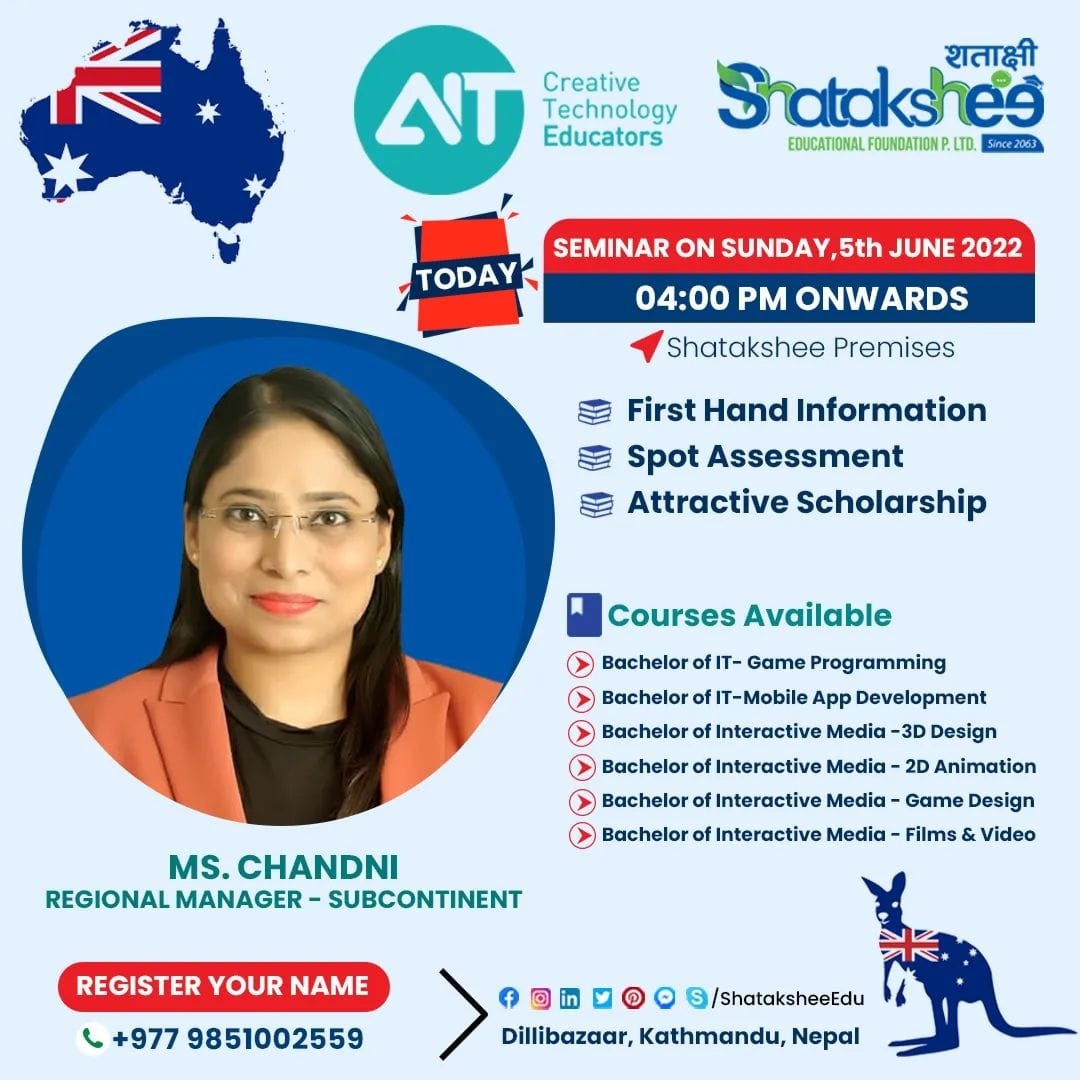 ShataksheeEdu's tweet photo. Attend TODAY's 4.00 PM Career Session@Shatakshee Premises for
👉First Hand Information 
👉Spot Assessment
👉Grab 30% Scholarship 
📲9818059876
☎️014443782
#shatakshee #GameDesign #3DAnimation #FilmMaking #MobileAppDevelopment #InformationTechnology #InteractiveMedia #AITcreative https://t.co/hyGomHjNax