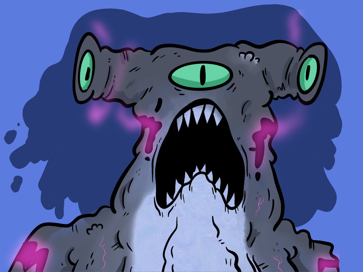 pizzaDadComic's tweet photo. Day 4 of #Kaijune2022. A sea dwelling beast that looks like a Hammer Head shark, the creatures is marked with glowing glyphs on his body that summon magic. https://t.co/IycuHvCrid