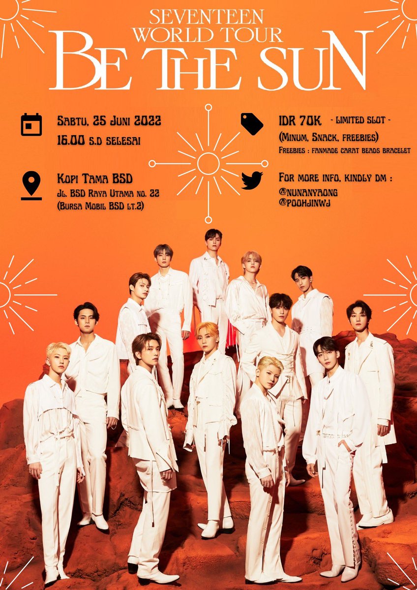 nunanyaong's tweet photo. [HELP RT 💎]

Hello Caratdeul BSD dan sekitarnya
Ayo kita Nonton bareng SEVENTEEN - BE THE SUN
🗓 Sabtu, 25 Juni 2022
📍 Kopi Tama BSD @KopiTama 
🕛 16.00 - selesai
🏷 70K (Drink, snack, freebies)

Bagi yang mau ikutan bisa isi https://t.co/HMvJ9HH2Cb

More info? Kindly DM 🥰 https://t.co/jtfYwU31OF