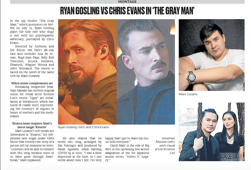 InqEnt's tweet photo. In Montage for June 5
β’@RyanGosling faces off with @ChrisEvans in #thegrayman on @netflix on July 22
β’Songwriter @JonathanManalo collaborates with visual artist #KristineLim for #ugoy installation art
β’@mattlozanomusic releases #kwarto single #opm @GMAMusic
@InqEnt https://t.co/EBdTSq0iKP