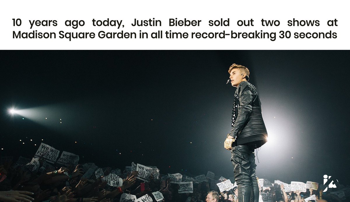 JDBAnalytics's tweet photo. 10 years ago, today, Justin Bieber sold out two nights at Madison Square Garden in all time record-breaking 30 seconds.

— He then went on to sell out rest of his entire North American leg in less than an hour. https://t.co/ykFi4CzHCt