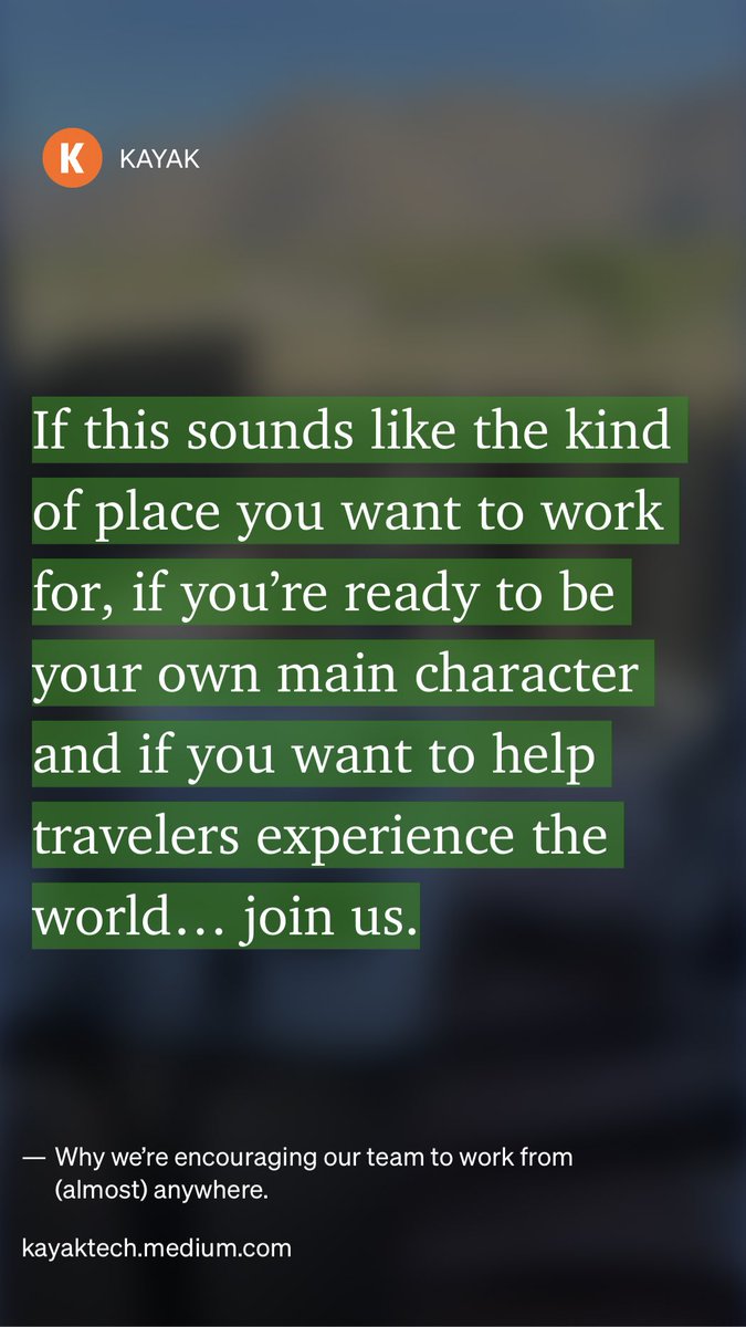reubstock's tweet photo. “Why we’re encouraging our team to work from (almost) anywhere.” by KAYAK
https://t.co/AKPfH08AIy @xrguild @avibarzeev @anngreenberg @slhamlet @philiprosedale #4D #fellowtravelers #story #character #role #followtheplot #insidejob #wordscount #join https://t.co/o4k4M1D0PO