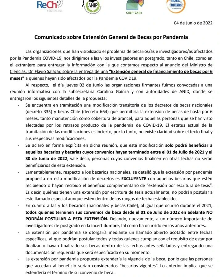 ceipchile1's tweet photo. ⚠️IMPORTANTE⚠️ 
📢📢Comunicado sobre la #ExtensionBecas por #Pandemia #COVID19 que ha anunciado el @min_ciencia. 
Y los dejamos invitados a una 📢asamblea ampliada de becarios el miércoles 8 de Junio a las 13:00🆑️‼️🔔
Te esperamos
 #InvestigarEsTrabajar #PostgradosAbandonados https://t.co/v3pFCLFDDL