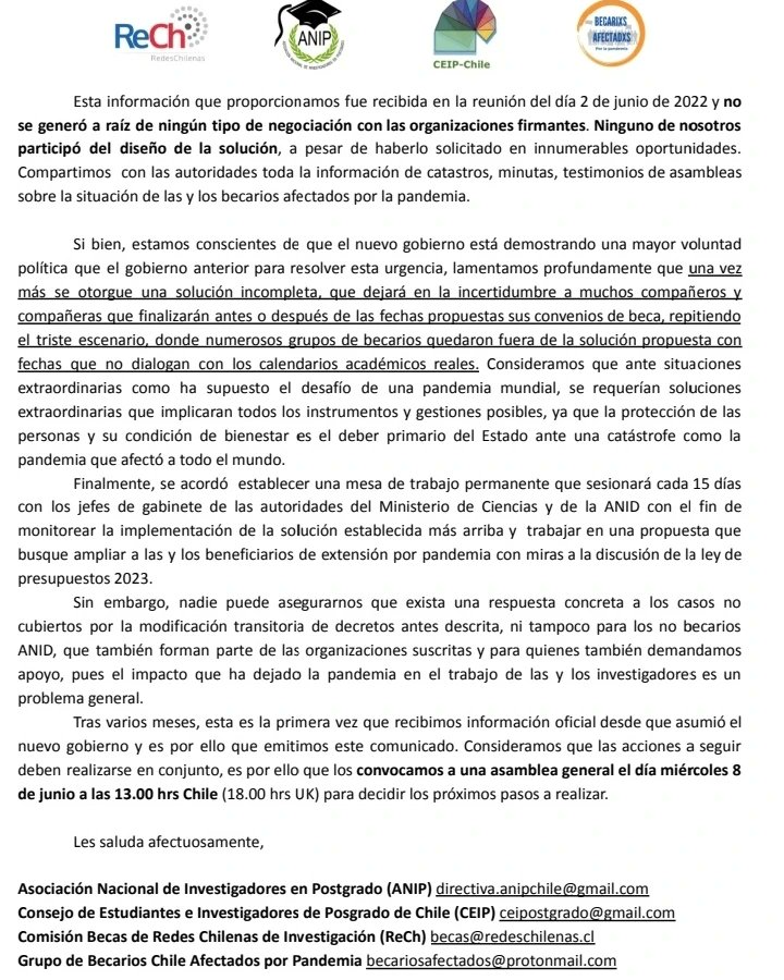 ceipchile1's tweet photo. ⚠️IMPORTANTE⚠️ 
📢📢Comunicado sobre la #ExtensionBecas por #Pandemia #COVID19 que ha anunciado el @min_ciencia. 
Y los dejamos invitados a una 📢asamblea ampliada de becarios el miércoles 8 de Junio a las 13:00🆑️‼️🔔
Te esperamos
 #InvestigarEsTrabajar #PostgradosAbandonados https://t.co/v3pFCLFDDL