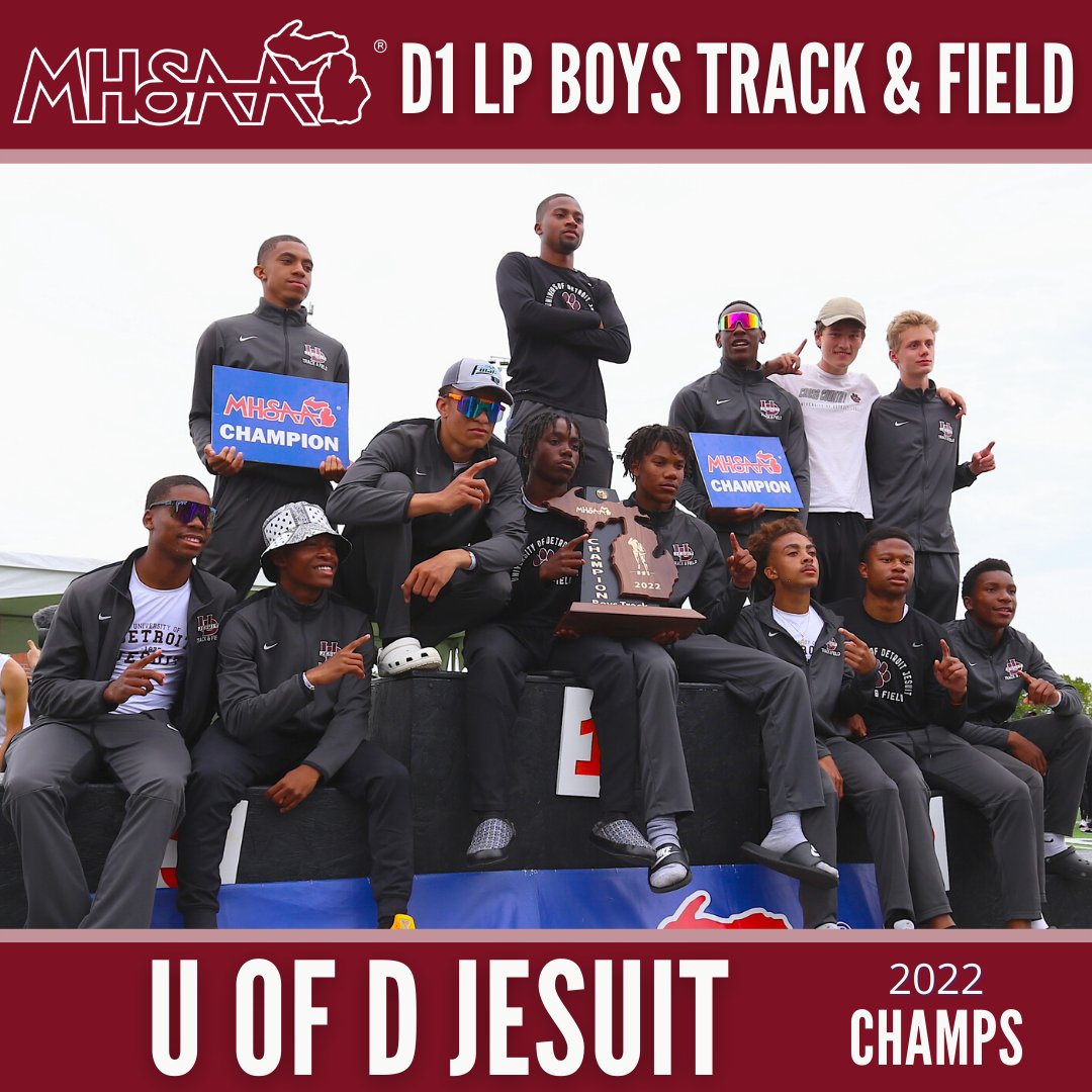 MHSAA's tweet photo. 🏃 D1 LP BOYS TRACK &amp; FIELD FINALS 🏃 
Jesuit Emerges from Meet Full of Close Finishes with 1st Team Title Since 1993!🏆⁣ 
➡️ https://t.co/nyfCCkorV7 👀
@UofDJesuit @UDJCubs 
#track #field #finals #congrats #champions #MHSAA https://t.co/Iprpd0Y5Mf