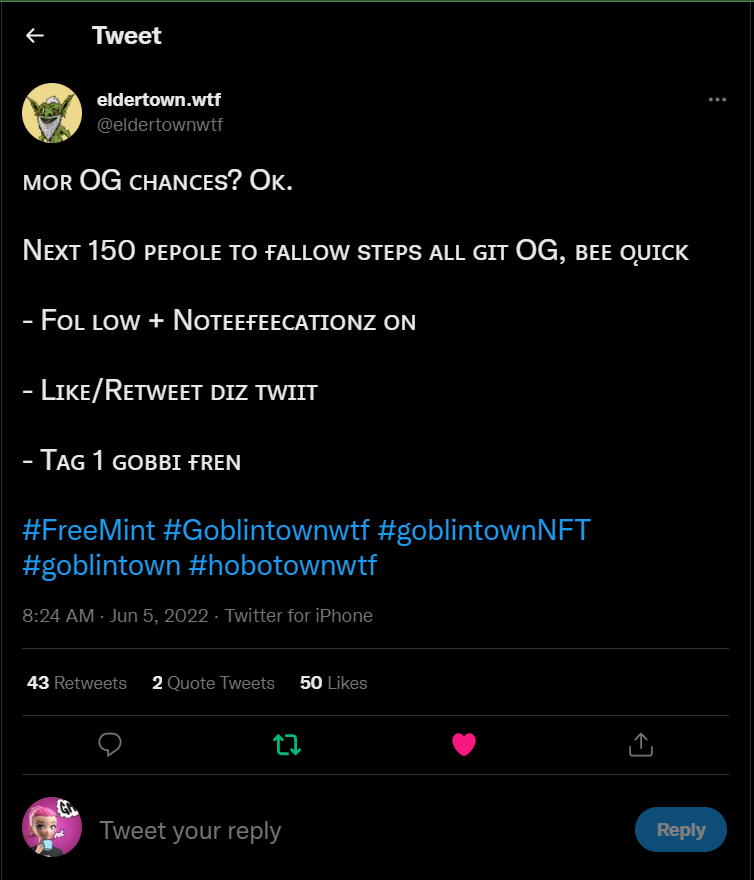 TrimXie2's tweet photo. @eldertownwtf @GGevina168 #FreeMint #Goblintownwtf #goblintownNFT #goblintown #hobotownwtf https://t.co/3klDrUpJaB