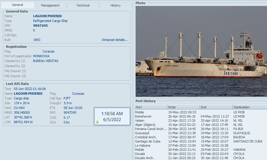 FlconEYES's tweet photo. ⚓️#LAGOONPHOENIX #IMO9047245 9047245
Barco refrigerado, que tiene su destino a la #Habana, aún en puerto #Mobile #EEUU según #AIS y captura de satélite 4Junio. 🧐
Según el puerto, el agente de carga es: Page&Jones.
#HappeningNow #OSINTCuba #cubarcos #Cuba #4Jun https://t.co/KTzrI5dfEg
