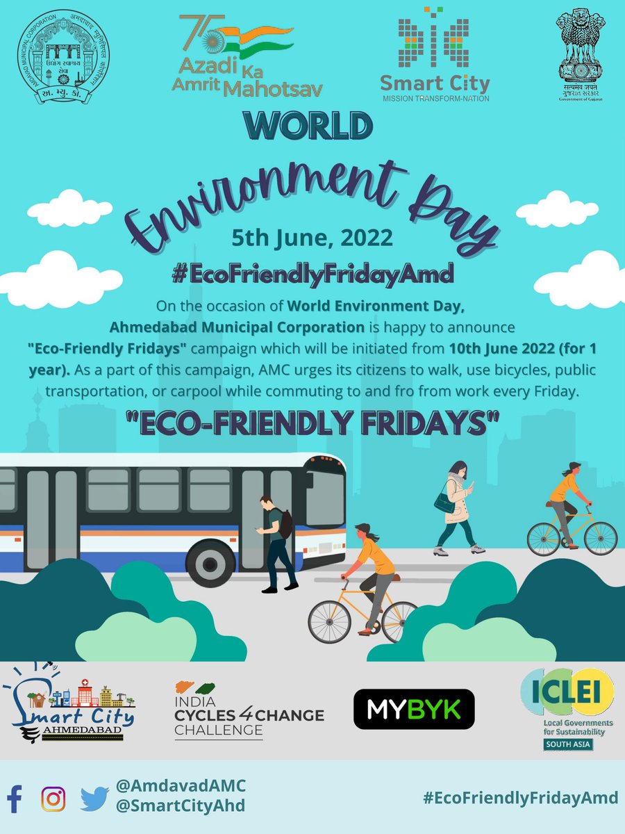 Fridays can be fun &amp; eco-friendly too. On the occasion of #WorldEnvironmentDay, we are pleased to announce ‘Eco-friendly Fridays’, #EcoFriendlyFridayAmd from June 10th. Every Friday, we encourage you to walk, cycle, use public transport &amp; carpooling to work.
tag <a href="/AmdavadAMC/">Amdavad Municipal Corporation</a>