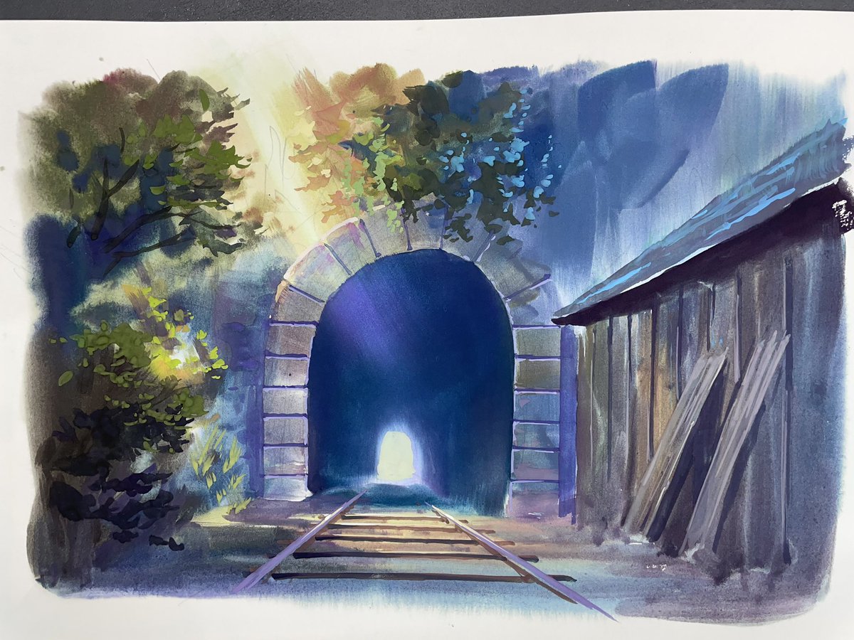 水彩画 風景画「森はカタクリの花盛り」 真作