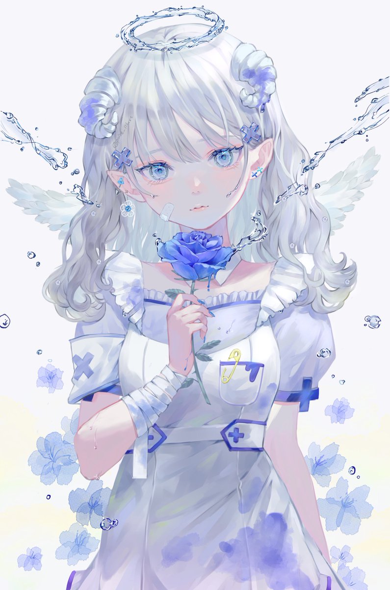 1girl flower blue flower solo bandages halo bandaged arm  illustration images