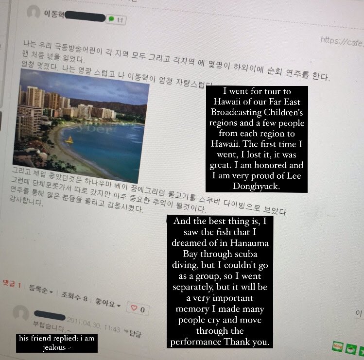 haechan went to hawaii with his choral group when he was a child and posted on internet that he really proud with himself. he made a lot ppl cry and moved through the performance.© halla5_11