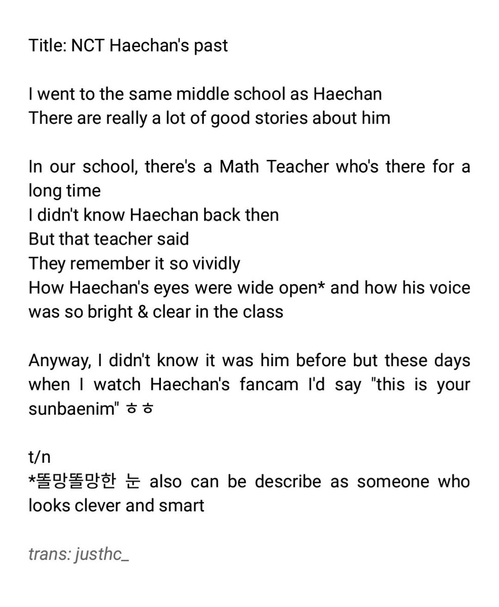 the next one comes from his math teacher, they said to their students that they remember clever haechan and his bright voice so vividly 