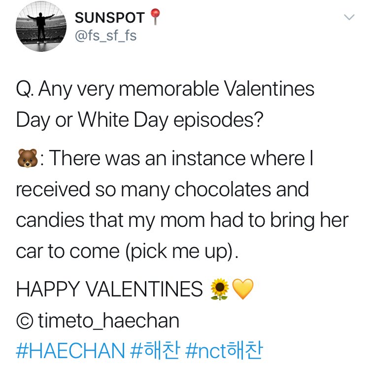 you don’t understand how popular haechan is when he’s a student like the amount of chocolates and candies was crazy even his mom should picked all of it with a car. haechan are loved by everyone 