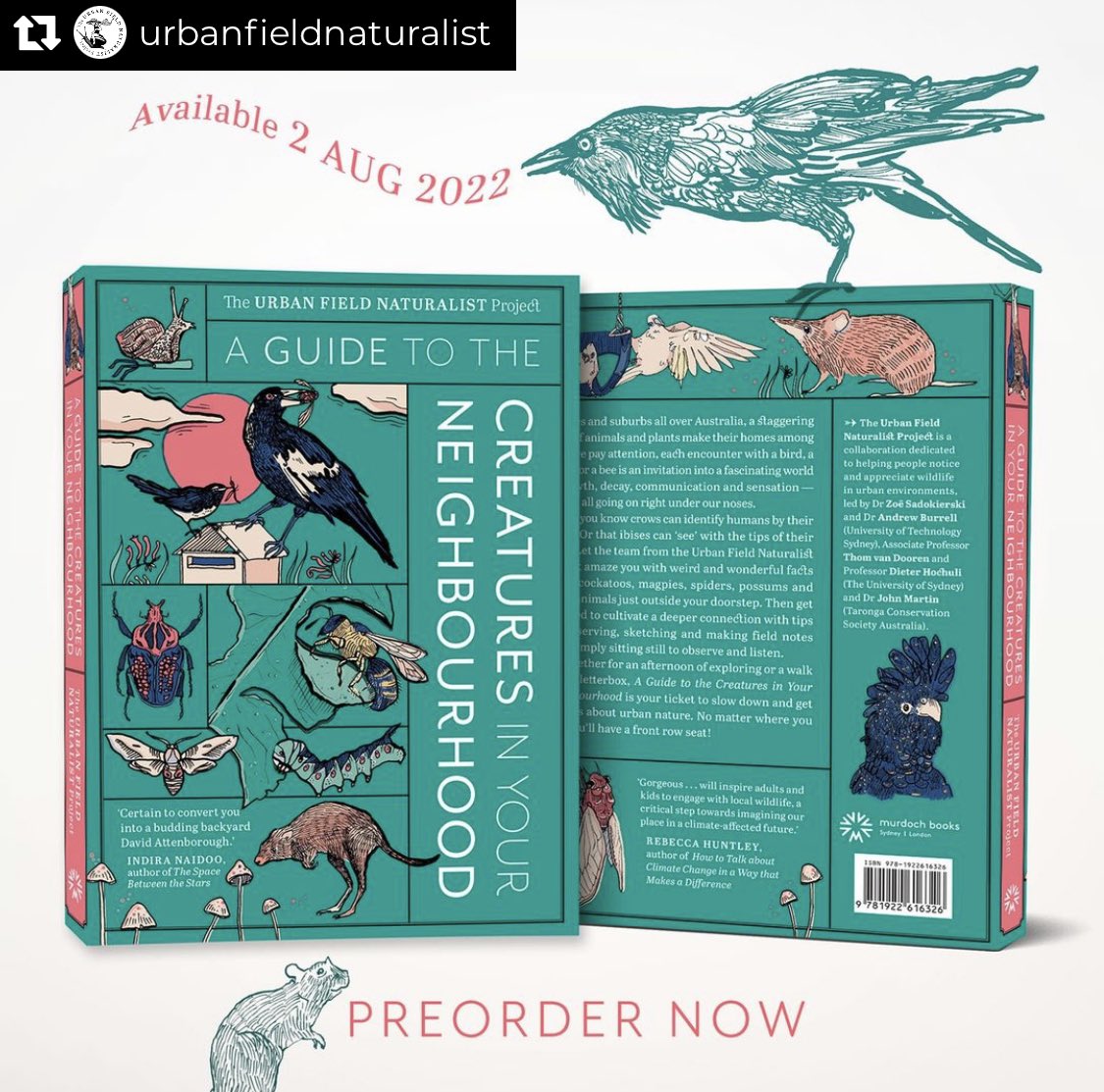 Dr John Martin (@wingtags) on Twitter photo I’m excited to share that I - with <a href="/UrbanFieldNats/">The Urban Field Naturalist Project</a> team - have a book coming out in August! Preorder booktopia.kh4ffx.net/P0d5Je
<a href="/booktopia/">Tell Me What To Read</a>
Combining science with art, philosophy, & storytelling, the book aims to cultivate a sense of wonder & appreciation for the natural world I’m excited to share that I - with <a href="/UrbanFieldNats/">The Urban Field Naturalist Project</a> team - have a book coming out in August! Preorder booktopia.kh4ffx.net/P0d5Je
<a href="/booktopia/">Tell Me What To Read</a>
Combining science with art, philosophy, & storytelling, the book aims to cultivate a sense of wonder & appreciation for the natural world