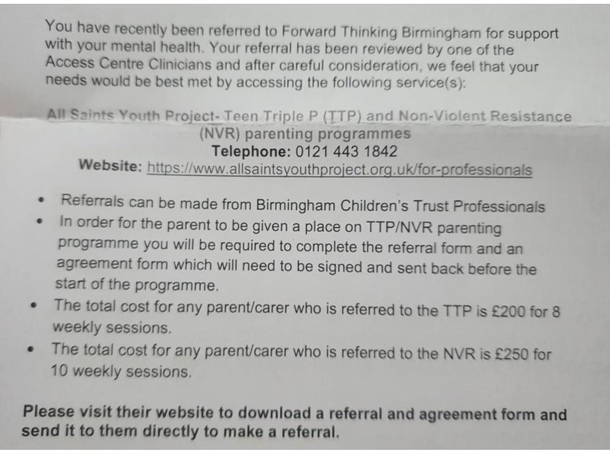 Sylvia Louise (@sylvialouise6) on Twitter photo A member of our community reached out to FTB for clinical support and got this referring them to a paid for NVR service provided by a charity. Gatekeeping at its worst in my opinion.<a href="/TalkingSense/">MK</a> <a href="/birmingham_live/">Birmingham Live</a> <a href="/Bhamchildtrust/">Birmingham Children's Trust</a> @qehbham <a href="/ChildrenQuarter/">Children's Quarter</a> <a href="/NorthfieldCLP/">Northfield Labour</a> A member of our community reached out to FTB for clinical support and got this referring them to a paid for NVR service provided by a charity. Gatekeeping at its worst in my opinion.<a href="/TalkingSense/">MK</a> <a href="/birmingham_live/">Birmingham Live</a> <a href="/Bhamchildtrust/">Birmingham Children's Trust</a> @qehbham <a href="/ChildrenQuarter/">Children's Quarter</a> <a href="/NorthfieldCLP/">Northfield Labour</a>