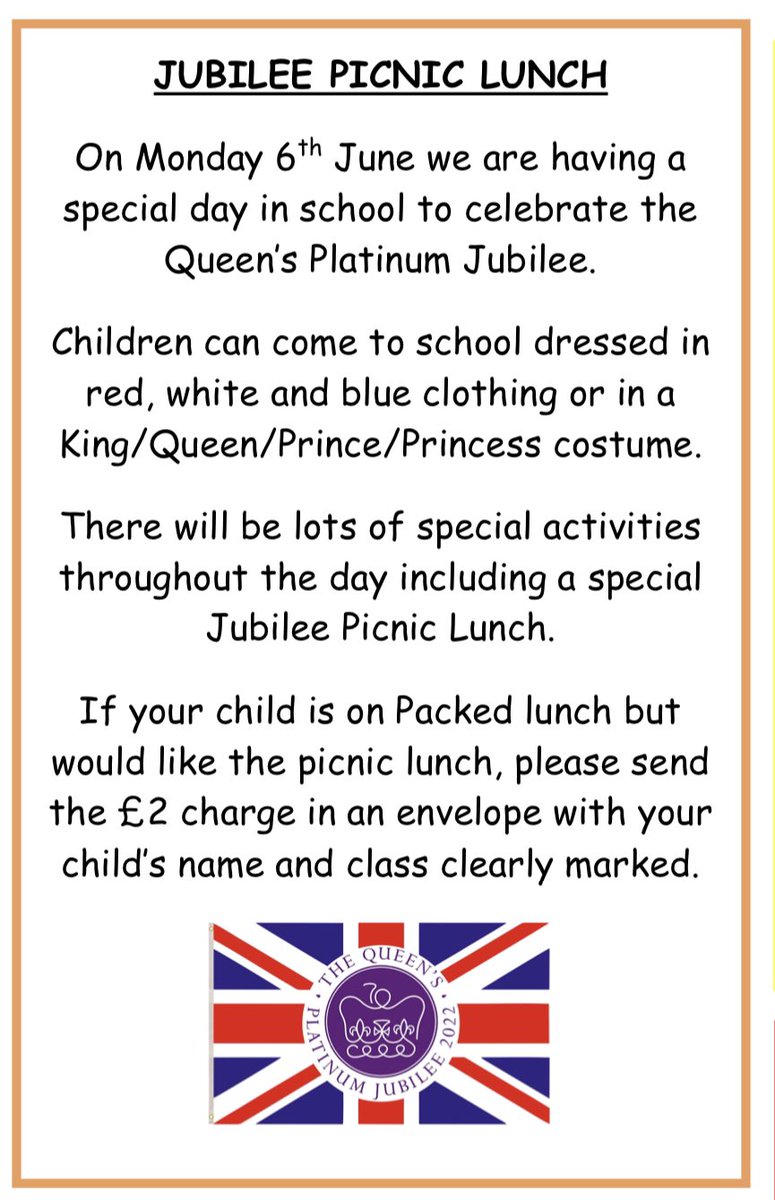 NewparkPCM's tweet photo. Just a little reminder that is Jubilee Picnic Lunch day tomorrow and children can come to school dressed in red, white and blue or in a King/Queen/Prince/Princess costume @MrsKHutchings @MissMitchell11 https://t.co/xiXMEUck76