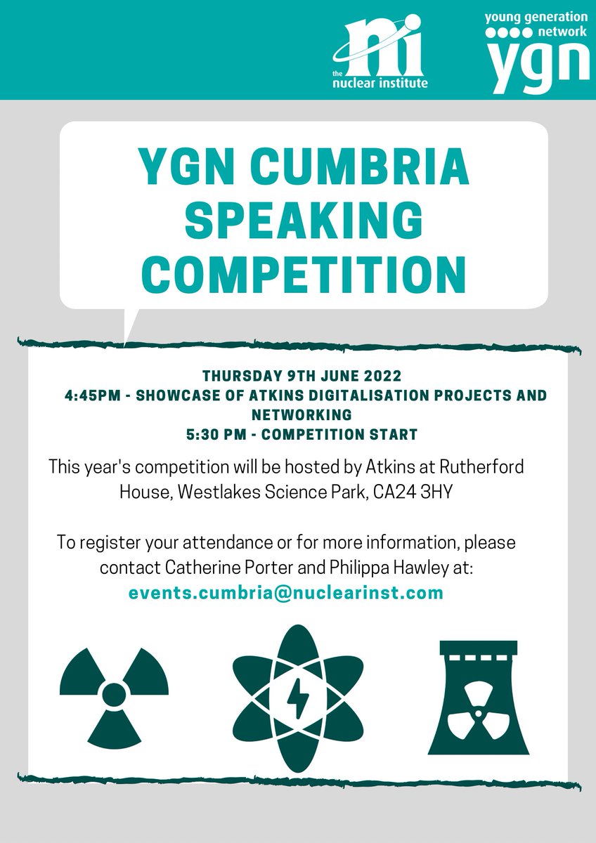 Only a few days to go until this year's speaking competition 🗣
We're looking forward to sharing the speaker's details with you over the next couple of days, the competiton is open to everyone so please come along and support our local young talent in the nuclear industry ☢️🎙