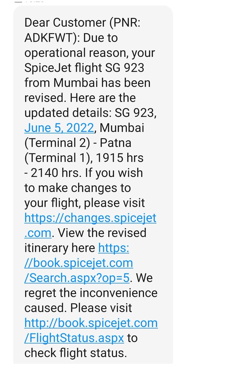 ravishankarbarn's tweet photo. @flyspicejet Pathetic service of flights scheduled on 2nd June for flight no. SG392, delayed for 4 hours and again for 5th June flight no. SG923, delayed for 5 hours. Deteriorating the time of passengers.@MoCA_GoI @AjaySingh_SG @JM_Scindia @SpiceJetRBLX https://t.co/qoyE1nCrAV