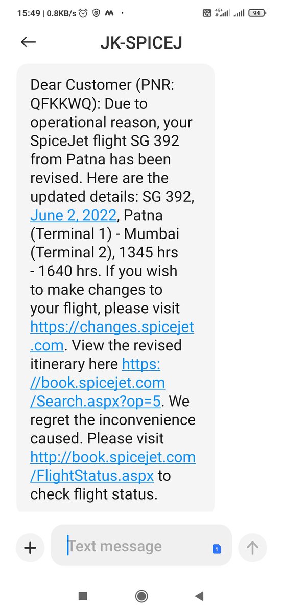 ravishankarbarn's tweet photo. @flyspicejet Pathetic service of flights scheduled on 2nd June for flight no. SG392, delayed for 4 hours and again for 5th June flight no. SG923, delayed for 5 hours. Deteriorating the time of passengers.@MoCA_GoI @AjaySingh_SG @JM_Scindia @SpiceJetRBLX https://t.co/qoyE1nCrAV