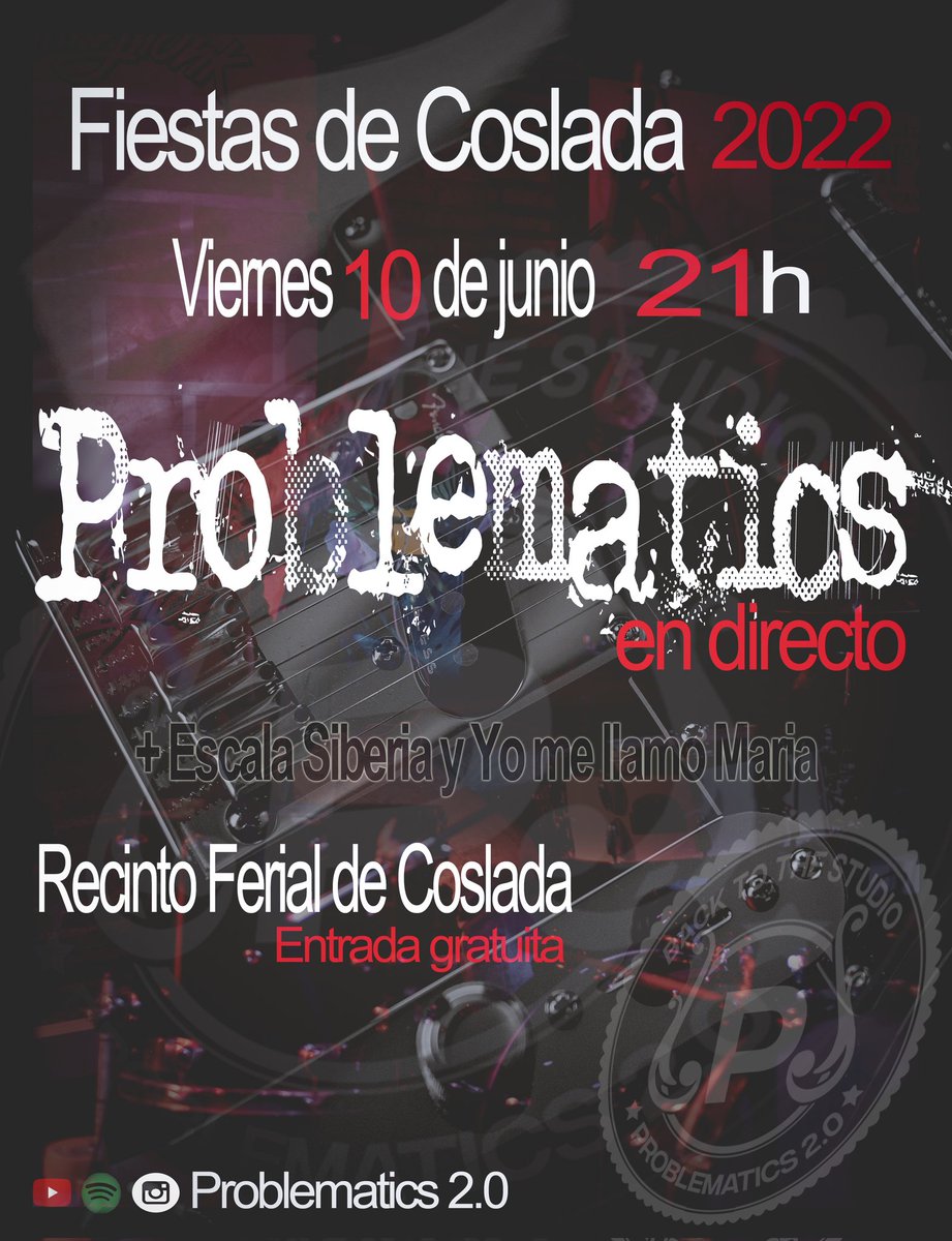 ProblematicsR's tweet image. El viernes que viene, en las fiestas de Coslada, a las 21h
Organizado por el @Ayto_Coslada
#GoProblematics #liveconcert