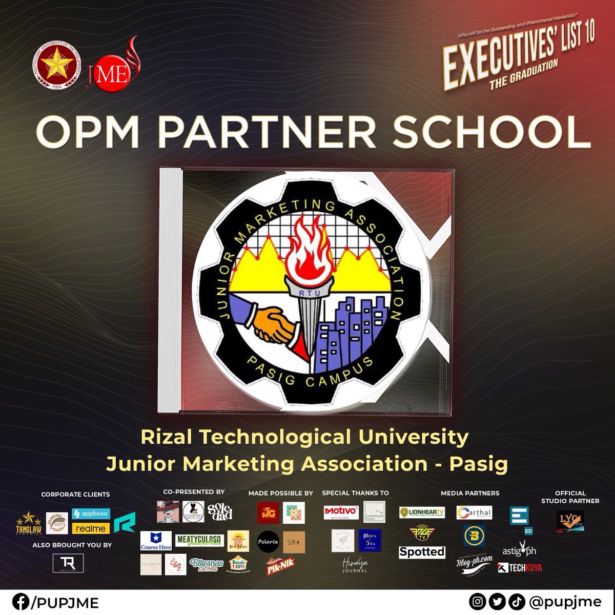 pupjme's tweet photo. Congratulations to Rizal Technological University - Junior Marketing Association - Pasig! Without a doubt, you are the Outstanding and Phenomenal Partner School of this edition. We are grateful to share this greatness and legacy with you. 
#ExecutivesList10 #TheGraduation #PUPJME https://t.co/pCHyjH653f