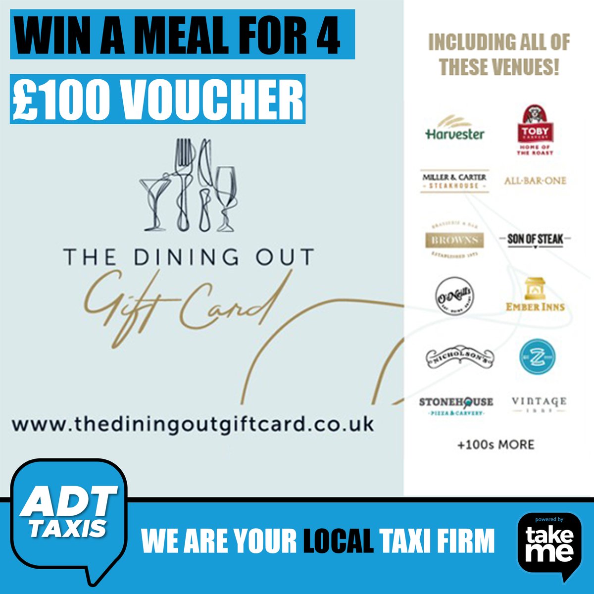 TakeMeLeics's tweet photo. Win a £100 MEAL voucher thanks to our partners TAKE ME
To enter
1]LIKE or  💖 
2]SHARE or Retweet
3]TAG the 3 people you would take
4]FOLLOW ADT TAXIS
Winner announced on LAST DAY OF THE MONTH  
#Raffle #Prize #ADTTAXIS https://t.co/vyLivu4BdG
