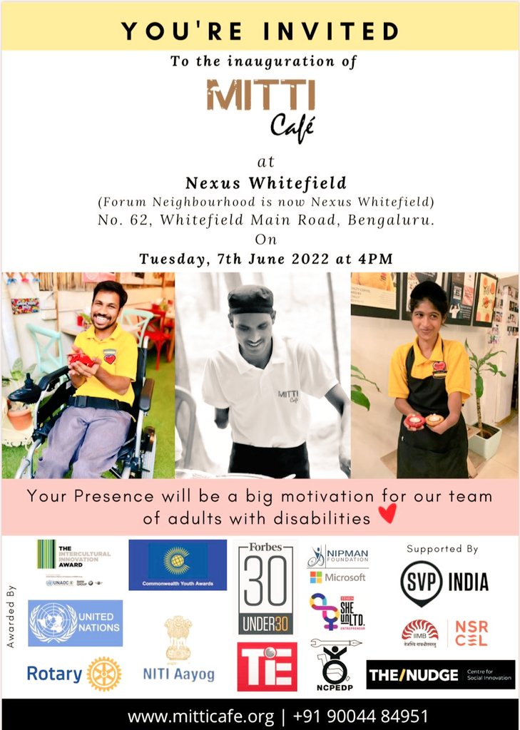 So pleased to hear Mitti Cafe will set up their 21st Cafe at Nexus Whitefield in Bengaluru (formerly Forum Neighbourhood) this week. Please visit &amp;encourage the persons with disabilities who will run the cafe. More at mitticafe.org. #inclusion #disability #livelihoods