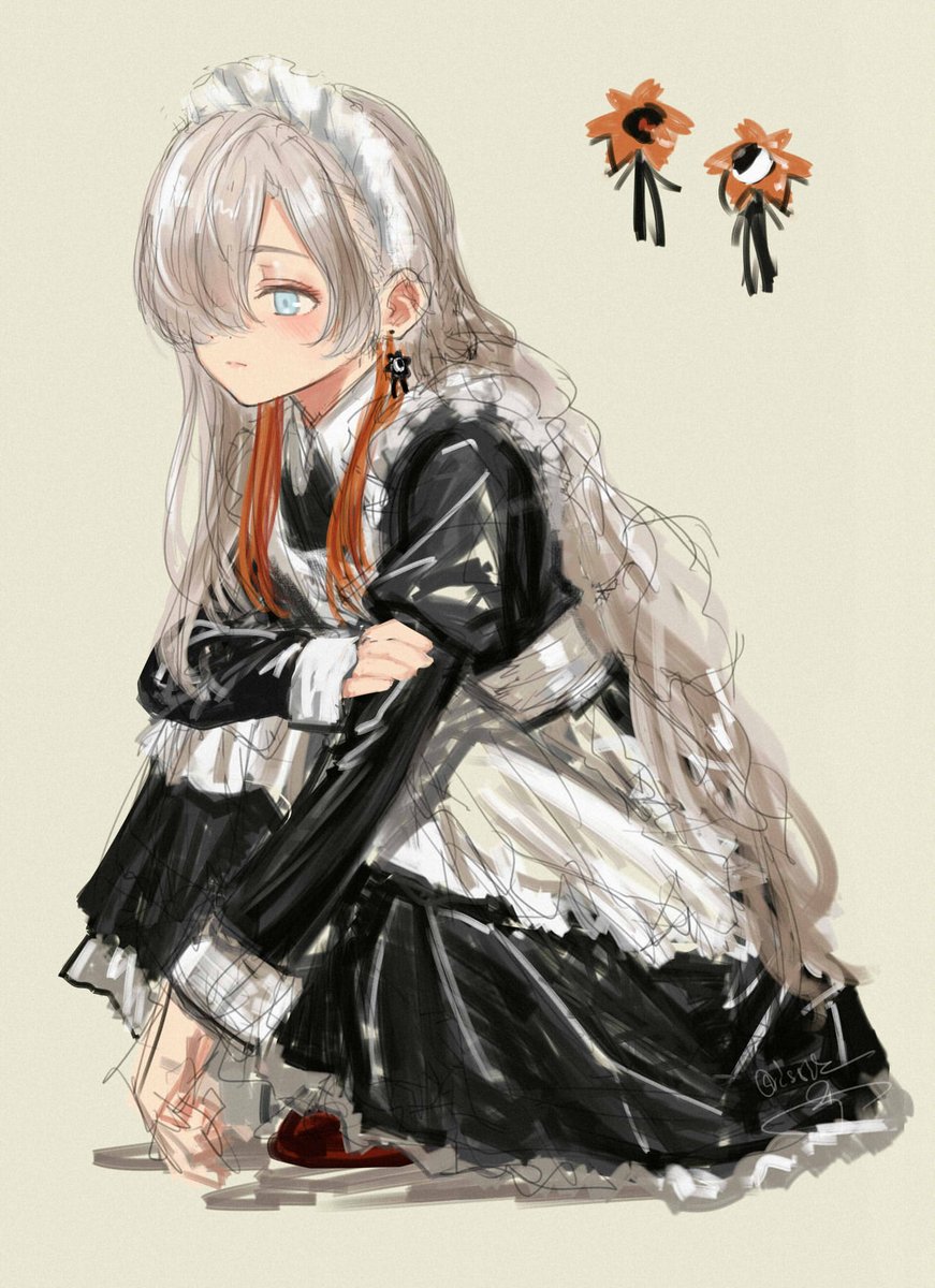 1girl hair over one eye solo maid headdress maid long hair squatting  illustration images