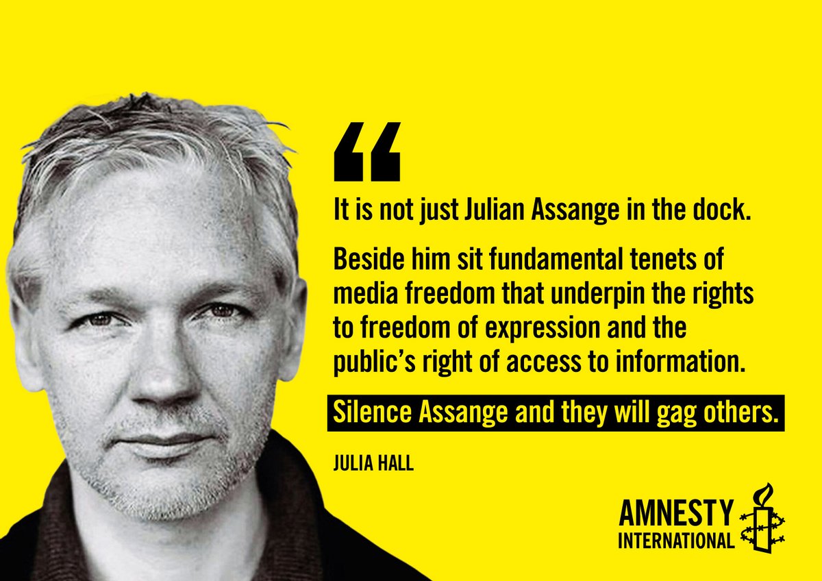 wikileaks's tweet photo. "It's not just Julian Assange in the dock. Beside him sit fundamental tenets of media freedom that underpin the rights to freedom of expression and the public's right of access to information. Silence Assange and they will gag others." @amnesty #FreeAssangeNOW https://t.co/nuUitO82a1