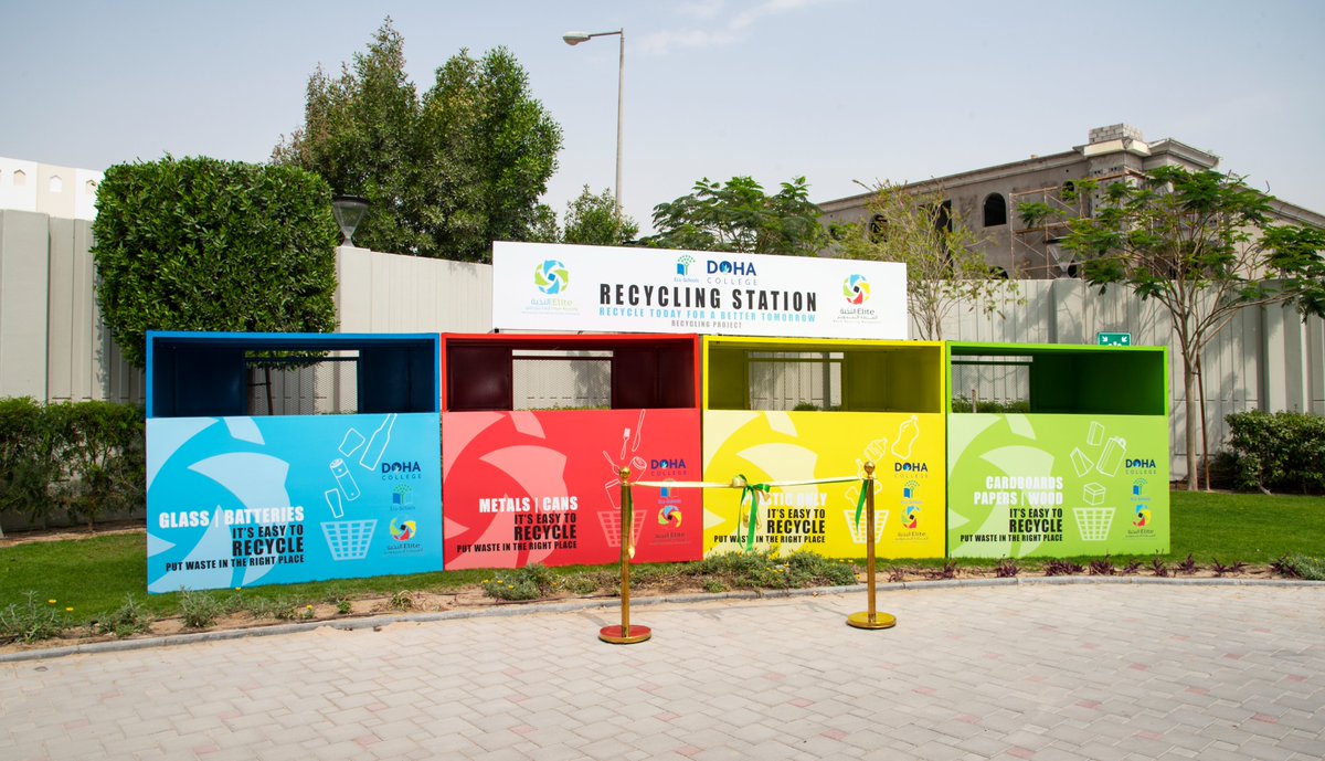 DohaCollege's tweet photo. It was a pleasure to have Maryam Al-Sayed from @eprqatar officially open the recycling stations at Doha College. Eco committee representatives talked passionately about educating the student body about sustainable living. This is another step towards achieving our next green flag https://t.co/H2q0d6MVV8