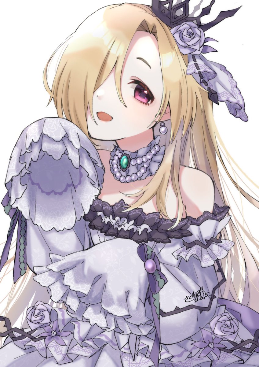 shirasaka koume 1girl solo dress hair over one eye long hair blonde hair alternate hairstyle  illustration images