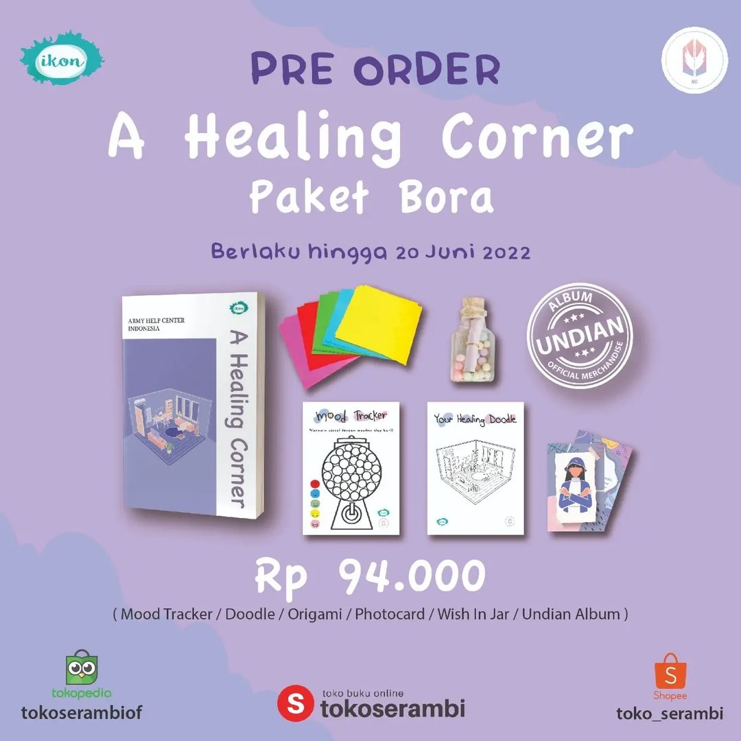BTS_AHC_IDN's tweet photo. H-1 Pre-order A Healing Corner karya #BTS_AHC_IDN nih 😍
Cek yuk yang mau dispill harga dan bonus-bonusnya 😘
Exclusive Pre-order hanya di @/toko_serambi (instagram) yaaaa 💜 siap-siap besok war di sana~
#AHealingCorner #penerbitikon #armyhelpcenter #MentalHealthMatters #BTS https://t.co/ikLFBSa7Yi