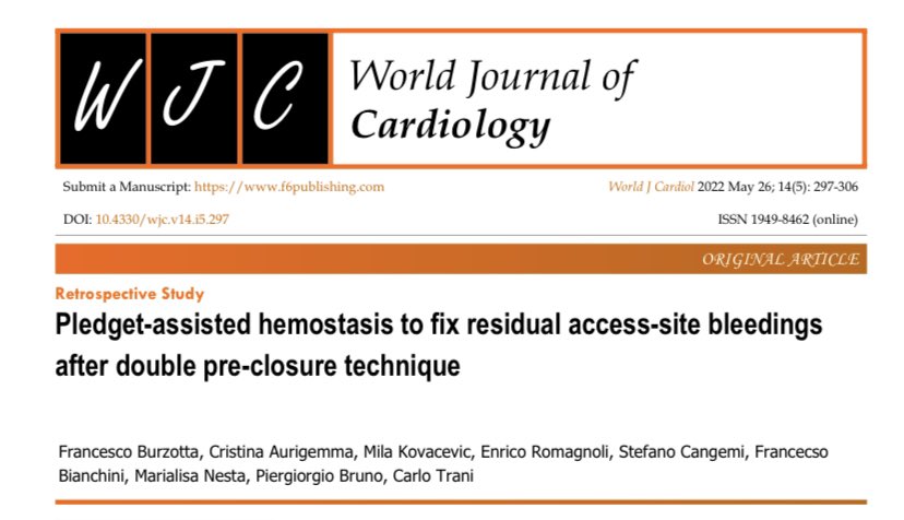 BURZOTTA_F's tweet image. If you are looking for adding surgical techniques to #ProGlide closure, have a look on our ‘PLEDGET-ASSISTED HAEMOSTASIS’ to fix failures! It was really a game changer for our less-invasive totally-endovascular (LITE) #TAVI / #TAVR programme!!! dx.doi.org/10.4330/wjc.v1…