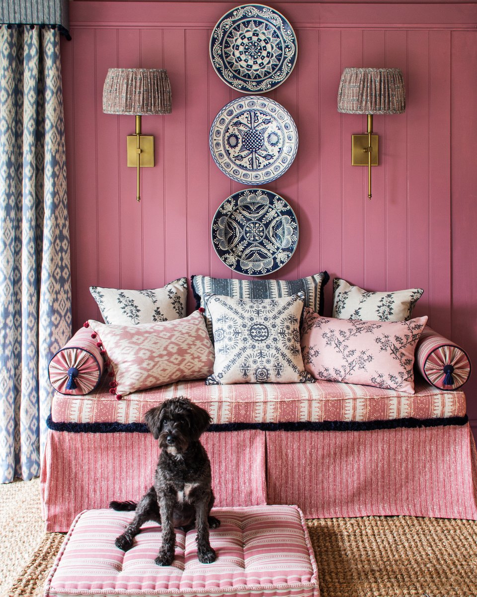 Pink &amp; Blue scheme using fabrics from my collections. I like using different shades of the same colour/s to create layers of interest and elegant but relaxed feel.
#pinkandblue #roomscheme #fabricdesign #farrowandball #textilesdesign #printedlinen