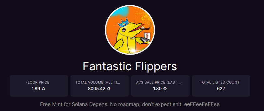 hypeslayer (@hypeslayerjp) on Twitter photo solanaでもfree mintの人気が加速📈
今朝、<a href="/FantasticFlipp/">Fantastic Flippers 🐬</a>というPJがTwitterでLaunchMyNFTのリンクを投稿する形でNFT販売
一時FPが3sol近くまで上昇
購入制限がなく大量mintしたトレーダーのなかには即売で+200solぐらいのprofit💰も…
eeEEeeEeEEeeeeEEeeEeEEee 🐬
#solanaNFT #FreeMint solanaでもfree mintの人気が加速📈
今朝、<a href="/FantasticFlipp/">Fantastic Flippers 🐬</a>というPJがTwitterでLaunchMyNFTのリンクを投稿する形でNFT販売
一時FPが3sol近くまで上昇
購入制限がなく大量mintしたトレーダーのなかには即売で+200solぐらいのprofit💰も…
eeEEeeEeEEeeeeEEeeEeEEee 🐬
#solanaNFT #FreeMint