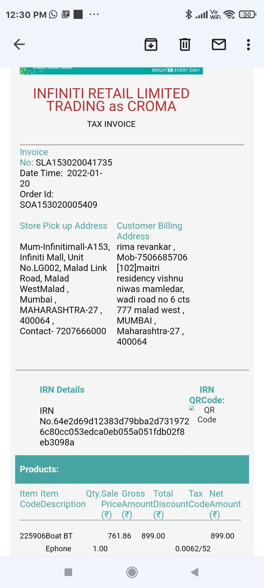 deokamlesh's tweet photo. @CromaSupport @cromaretail #avjitmitra 
Purchased shaomi 11 from Malad infinity croma shop few months early, with croma extended services. Yesterday phone suddenly shut down. Now croma has no bill of it in their system. How it's possible? When I have it on email. #bakwascroma https://t.co/DEiinLIJKx