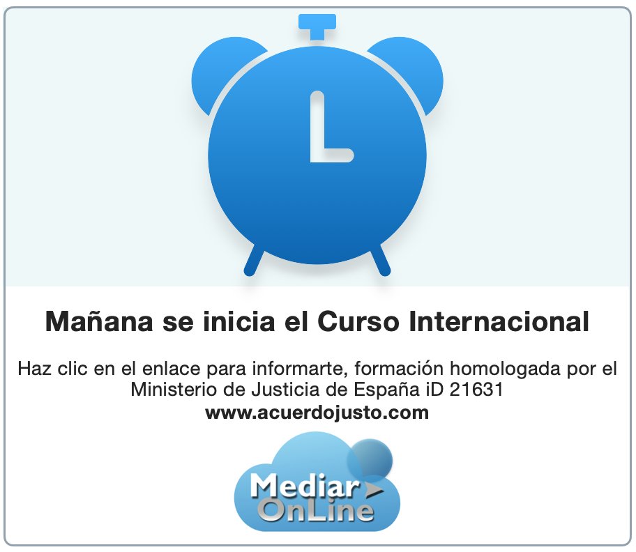 La cita es mañana a las 18hs de España... un reducido número de profesionales comienzan una semana intensa de formación para desarrollar sus habilidades y destrezas para mediar online.
+ información en: acuerdojusto.com